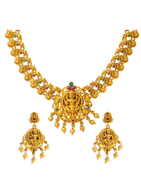 Shining Jewel - by Shivansh Antique Matte Gold Plated Temple Jewellery Inspired Wedding Laxmi Design Necklace Jewellery Set for Women (SJN_314)