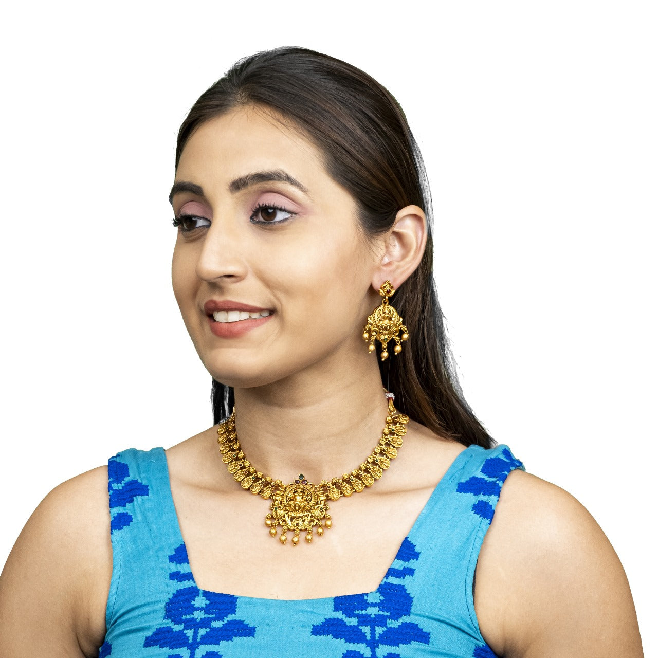 Shining Jewel - by Shivansh Antique Matte Gold Plated Temple Jewellery Inspired Wedding Laxmi Design Necklace Jewellery Set for Women (SJN_314)
