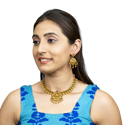 Shining Jewel - by Shivansh Antique Matte Gold Plated Temple Jewellery Inspired Wedding Laxmi Design Necklace Jewellery Set for Women (SJN_314)