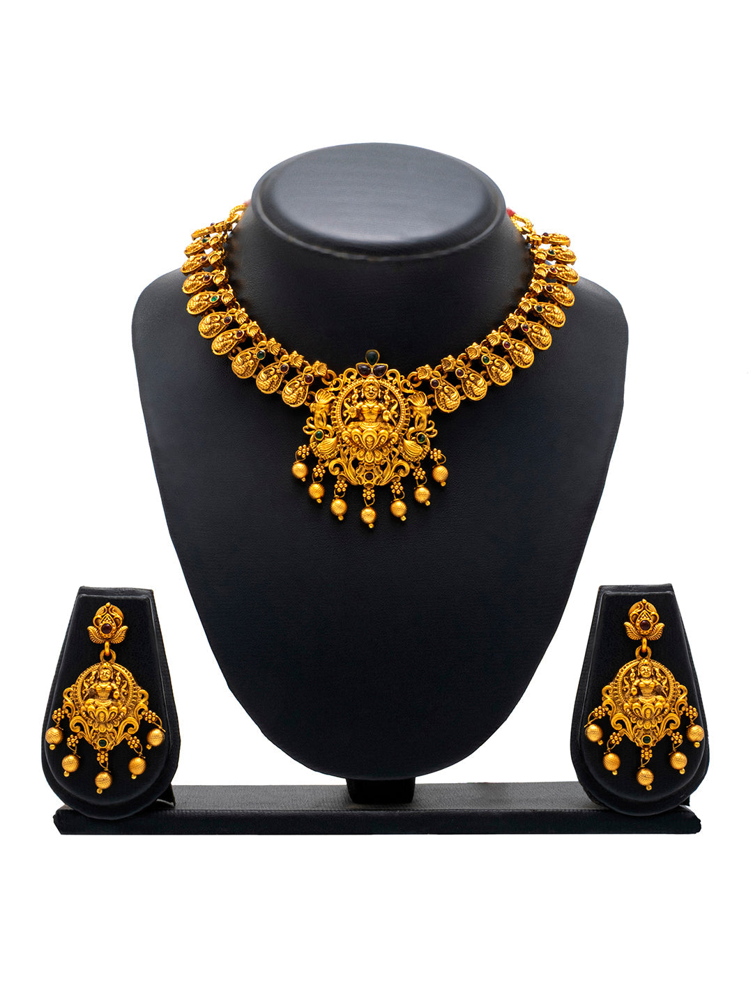 Shining Jewel - by Shivansh Antique Matte Gold Plated Temple Jewellery Inspired Wedding Laxmi Design Necklace Jewellery Set for Women (SJN_314)