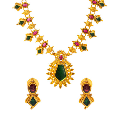 Shining Jewel - by Shivansh Antique Matte Kemp Palka Gold Plated Multicolored Temple Jewellery Inspired Wedding Long Necklace Jewellery Set for Women (SJN_315)