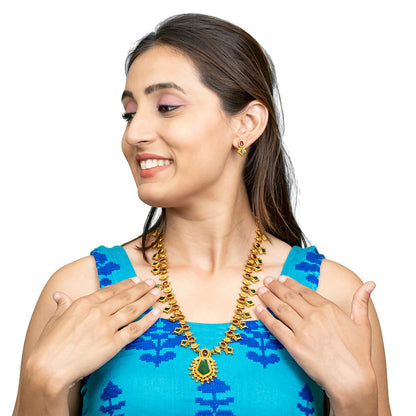 Shining Jewel - by Shivansh Antique Matte Kemp Palka Gold Plated Multicolored Temple Jewellery Inspired Wedding Long Necklace Jewellery Set for Women (SJN_315)