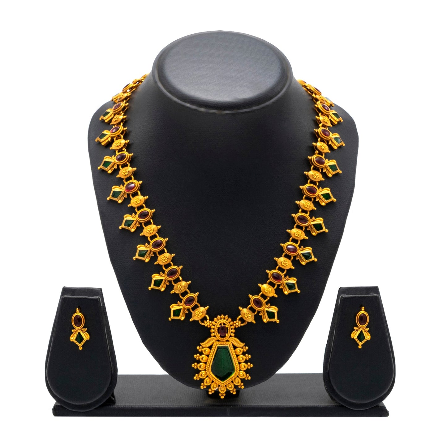 Shining Jewel - by Shivansh Antique Matte Kemp Palka Gold Plated Multicolored Temple Jewellery Inspired Wedding Long Necklace Jewellery Set for Women (SJN_315)