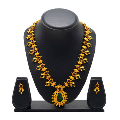 Shining Jewel - by Shivansh Antique Matte Kemp Palka Gold Plated Multicolored Temple Jewellery Inspired Wedding Long Necklace Jewellery Set for Women (SJN_315)