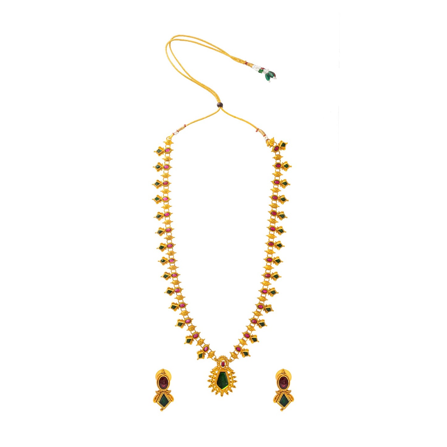 Shining Jewel - by Shivansh Antique Matte Kemp Palka Gold Plated Multicolored Temple Jewellery Inspired Wedding Long Necklace Jewellery Set for Women (SJN_315)