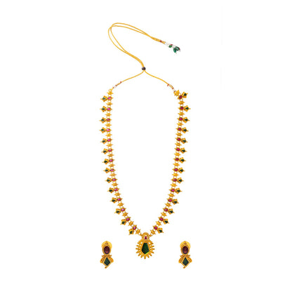 Shining Jewel - by Shivansh Antique Matte Kemp Palka Gold Plated Multicolored Temple Jewellery Inspired Wedding Long Necklace Jewellery Set for Women (SJN_315)