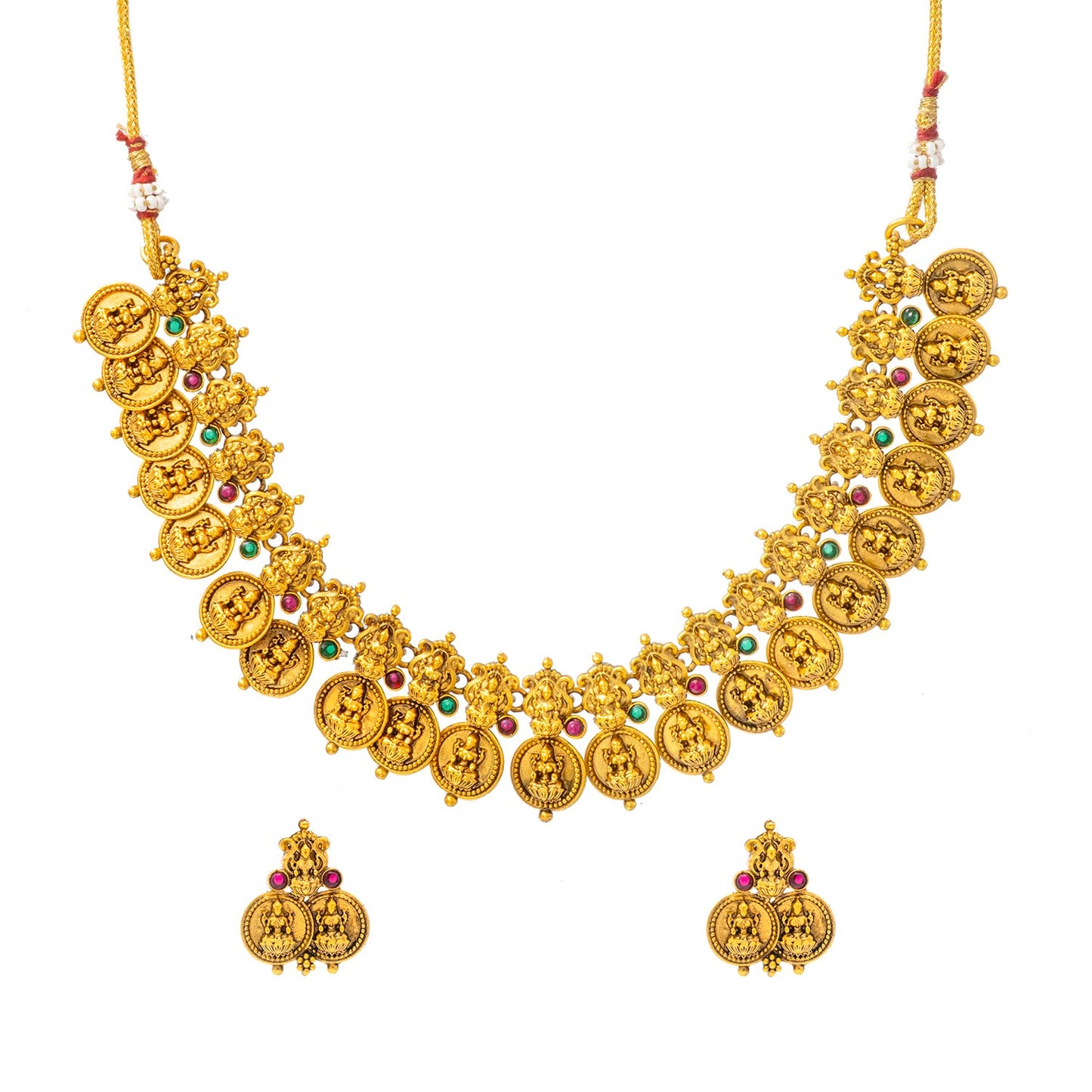 Shining Jewel - by Shivansh Antique Matte Gold Plated Temple Jewellery Inspired Wedding Laxmi Coin Design Necklace Jewellery Set for Women (SJN_316)