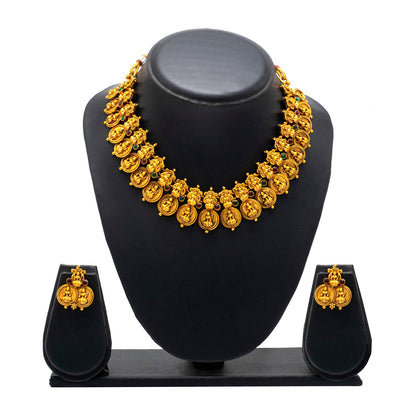 Shining Jewel - by Shivansh Antique Matte Gold Plated Temple Jewellery Inspired Wedding Laxmi Coin Design Necklace Jewellery Set for Women (SJN_316)