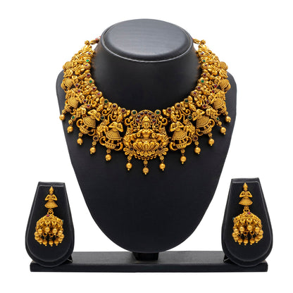 Shining Jewel - by Shivansh Antique Matte Gold Plated Temple Jewellery Inspired Wedding Peacock Design Necklace Jewellery Set for Women (SJN_318)