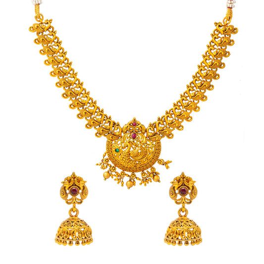 Shining Jewel - by Shivansh Antique Matte Gold Plated Temple Jewellery Inspired Wedding Peacock Design Necklace Jewellery Set for Women (SJN_318)