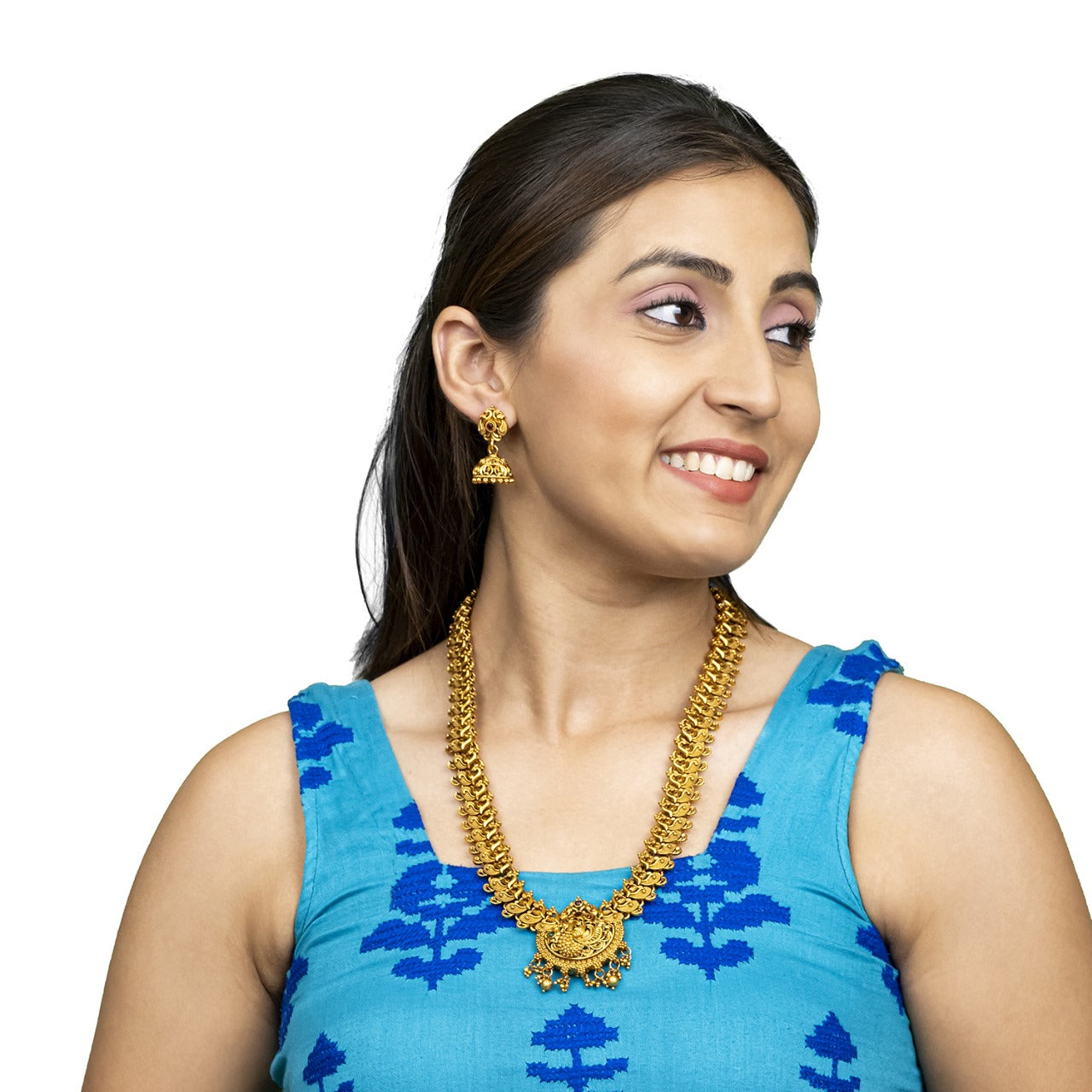 Shining Jewel - by Shivansh Antique Matte Gold Plated Temple Jewellery Inspired Wedding Peacock Design Necklace Jewellery Set for Women (SJN_318)