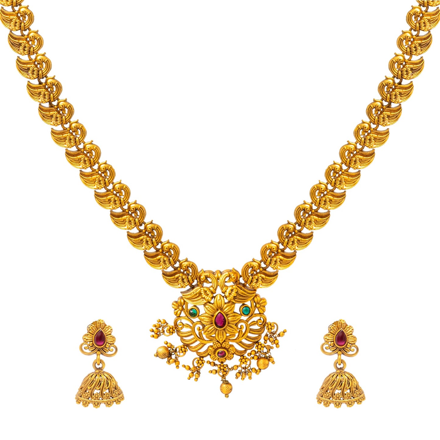 Shining Jewel - by Shivansh Antique Matte Gold Plated Temple Peacock Design Jewellery Inspired Wedding Long Necklace Jewellery Set for Women (SJN_319_D3)