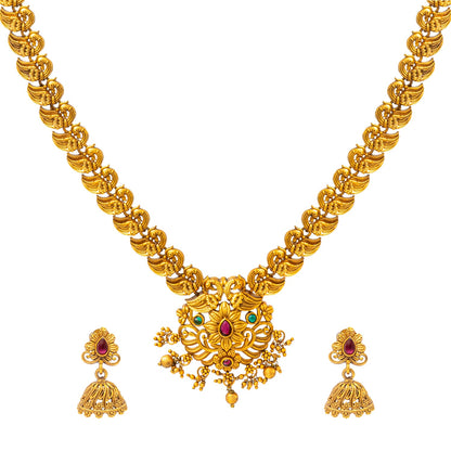 Shining Jewel - by Shivansh Antique Matte Gold Plated Temple Peacock Design Jewellery Inspired Wedding Long Necklace Jewellery Set for Women (SJN_319_D3)