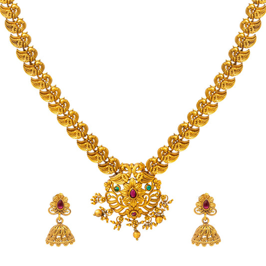 Shining Jewel - by Shivansh Antique Matte Gold Plated Temple Peacock Design Jewellery Inspired Wedding Long Necklace Jewellery Set for Women (SJN_319_D3)