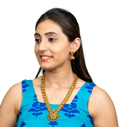 Shining Jewel - by Shivansh Antique Matte Gold Plated Temple Peacock Design Jewellery Inspired Wedding Long Necklace Jewellery Set for Women (SJN_319_D3)