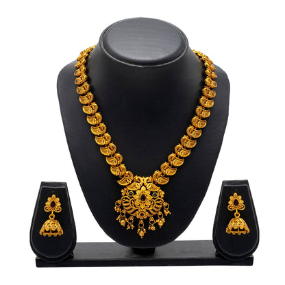 Shining Jewel - by Shivansh Antique Matte Gold Plated Temple Peacock Design Jewellery Inspired Wedding Long Necklace Jewellery Set for Women (SJN_319_D3)
