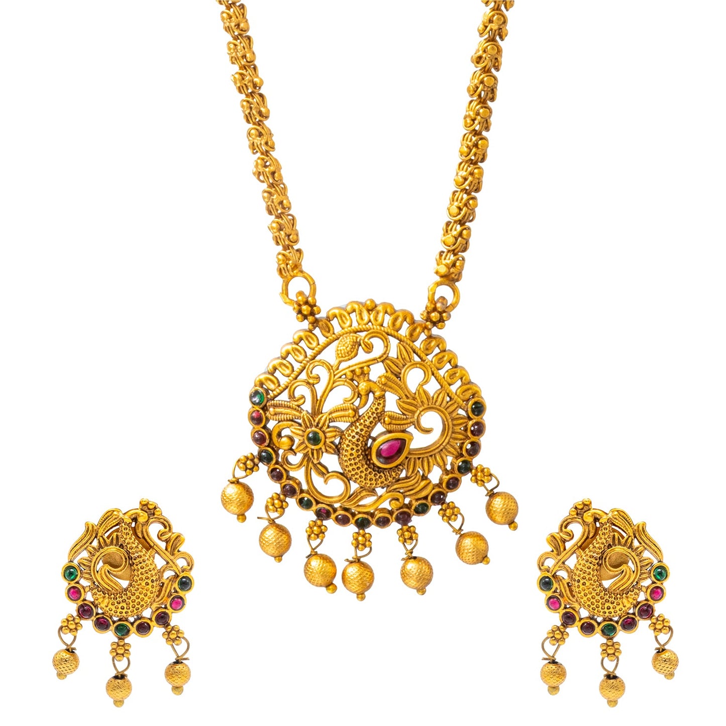 Shining Jewel by Shivansh Gold-Plated Temple Kundan Pearl Peacock Design inspired Wedding Pendant with Matching Earrings Set for Women (SJN_320_D1)
