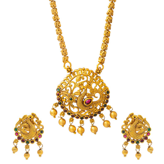 Shining Jewel by Shivansh Gold-Plated Temple Kundan Pearl Peacock Design inspired Wedding Pendant with Matching Earrings Set for Women (SJN_320_D1)