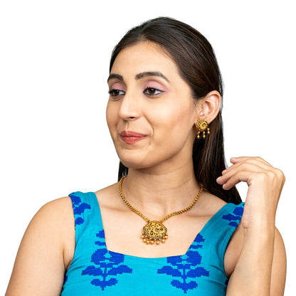 Shining Jewel by Shivansh Gold-Plated Temple Kundan Pearl Peacock Design inspired Wedding Pendant with Matching Earrings Set for Women (SJN_320_D1)