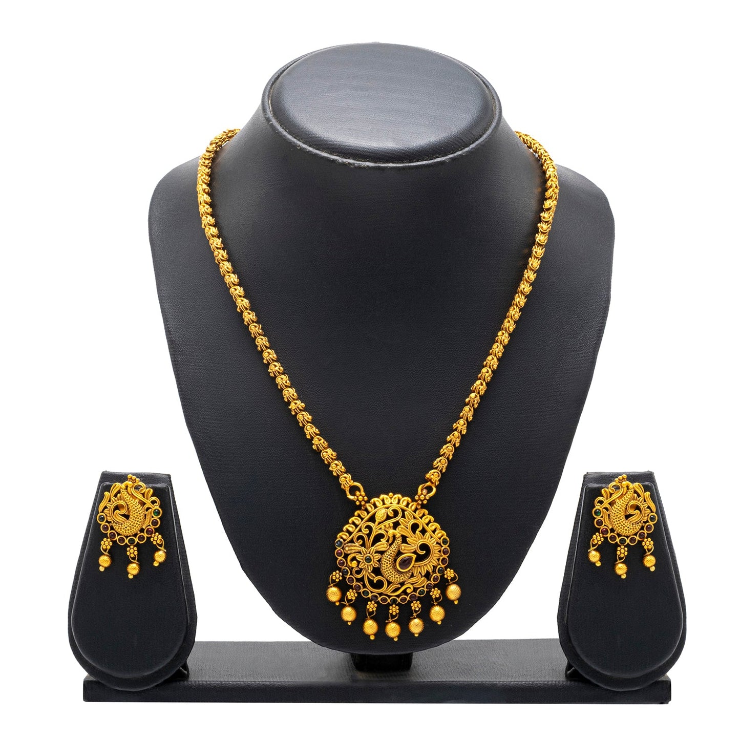 Shining Jewel by Shivansh Gold-Plated Temple Kundan Pearl Peacock Design inspired Wedding Pendant with Matching Earrings Set for Women (SJN_320_D1)