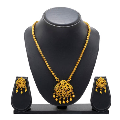 Shining Jewel by Shivansh Gold-Plated Temple Kundan Pearl Peacock Design inspired Wedding Pendant with Matching Earrings Set for Women (SJN_320_D1)