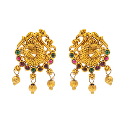 Shining Jewel by Shivansh Gold-Plated Temple Kundan Pearl Peacock Design inspired Wedding Pendant with Matching Earrings Set for Women (SJN_320_D1)