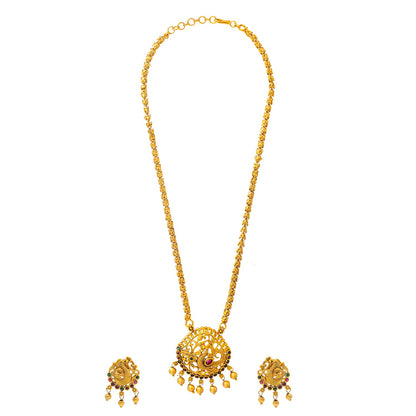 Shining Jewel by Shivansh Gold-Plated Temple Kundan Pearl Peacock Design inspired Wedding Pendant with Matching Earrings Set for Women (SJN_320_D1)