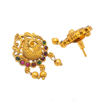 Shining Jewel by Shivansh Gold-Plated Temple Kundan Pearl Peacock Design inspired Wedding Pendant with Matching Earrings Set for Women (SJN_320_D1)