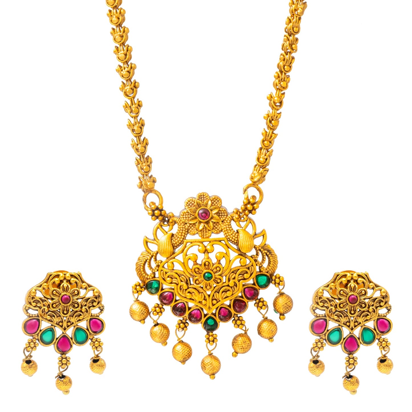 Shining Jewel by Shivansh Gold-Plated Temple Kundan Pearl Design inspired Wedding Pendant with Matching Earrings Set for Women (SJN_320_D1)