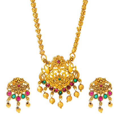 Shining Jewel by Shivansh Gold-Plated Temple Kundan Pearl Design inspired Wedding Pendant with Matching Earrings Set for Women (SJN_320_D1)