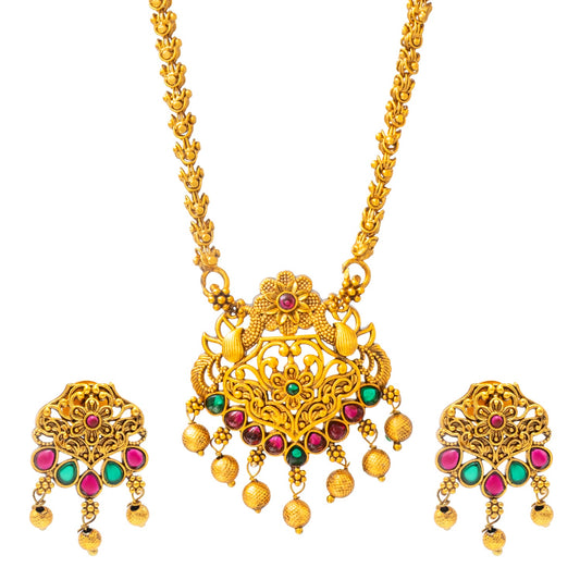 Shining Jewel by Shivansh Gold-Plated Temple Kundan Pearl Design inspired Wedding Pendant with Matching Earrings Set for Women (SJN_320_D1)