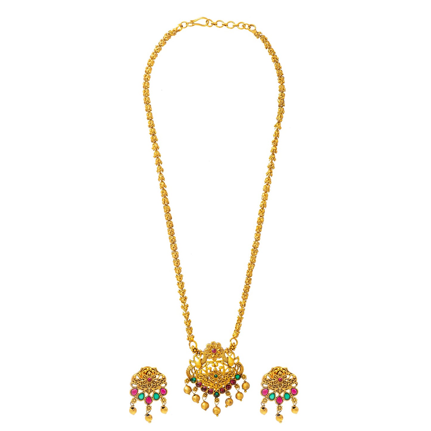 Shining Jewel by Shivansh Gold-Plated Temple Kundan Pearl Design inspired Wedding Pendant with Matching Earrings Set for Women (SJN_320_D1)