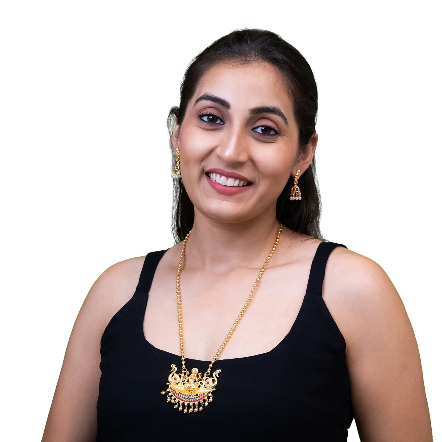 Shining Jewel Handcrafted Antique Gold Plated Long Bridal and Festival Temple Jewellery Necklace With Matching Jhumka Earring For Women (SJN_326)