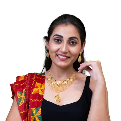 Traditional Gold Plated Flower Design Necklace Chain Jewellery Set for Women (SJN_328)