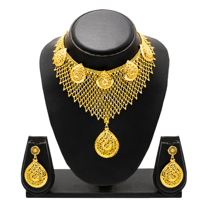 Traditional Gold Plated Flower Design Necklace Chain Jewellery Set for Women (SJN_328)