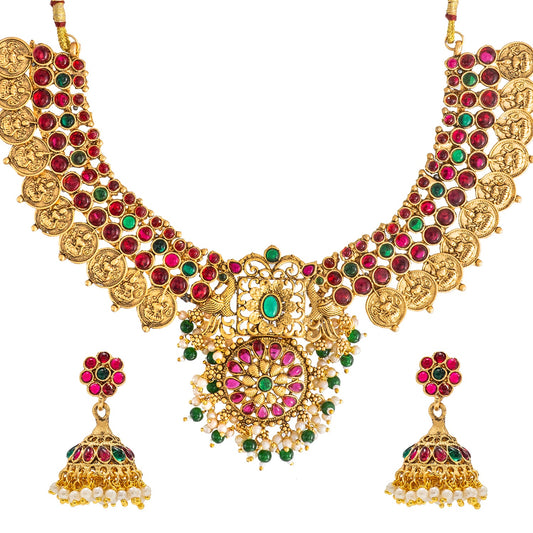 Shining Jewel by Shivansh Antique Matte Gold Plated Temple Laxmi Coin & Peacock Design with Multi Ruby Stones for Jewellery Set for Women SJN_329