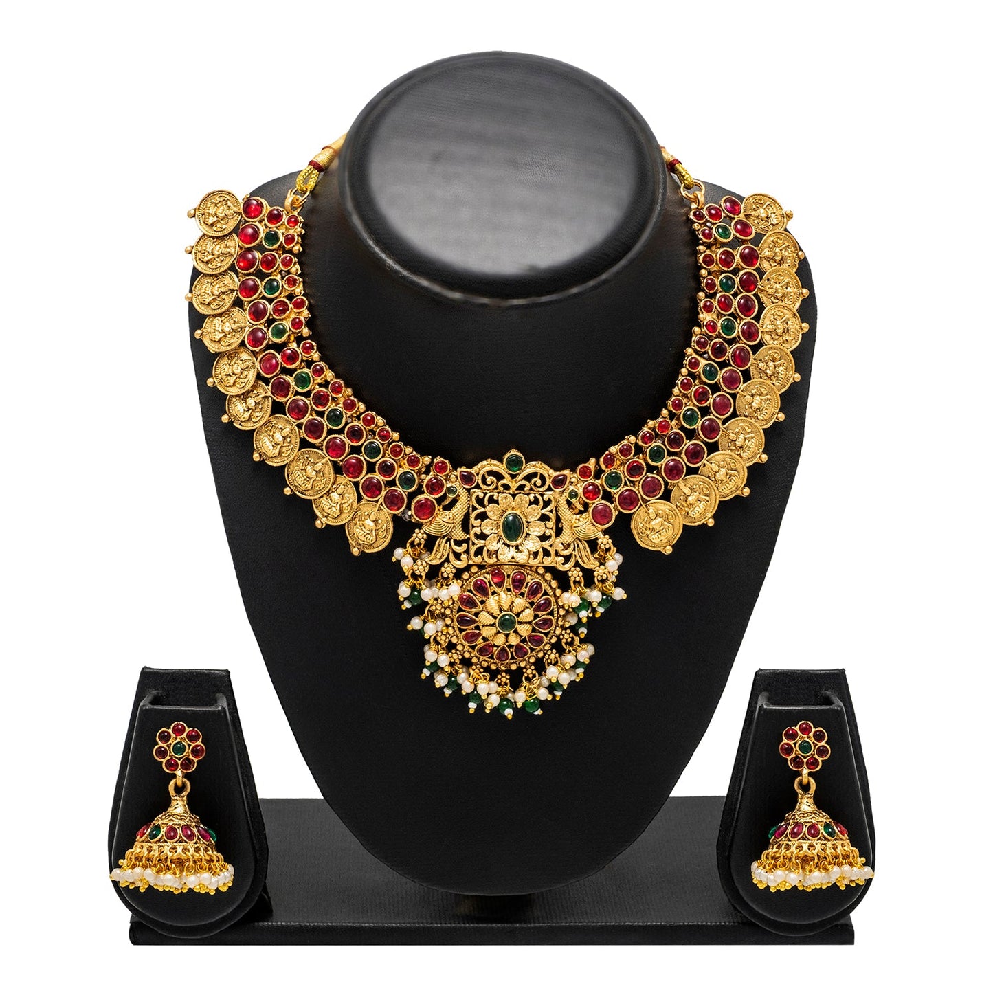 Shining Jewel by Shivansh Antique Matte Gold Plated Temple Laxmi Coin & Peacock Design with Multi Ruby Stones for Jewellery Set for Women SJN_329