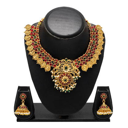 Shining Jewel by Shivansh Antique Matte Gold Plated Temple Laxmi Coin & Peacock Design with Multi Ruby Stones for Jewellery Set for Women SJN_329