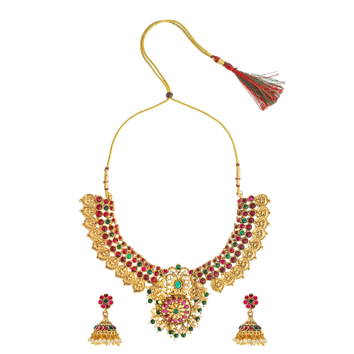 Shining Jewel by Shivansh Antique Matte Gold Plated Temple Laxmi Coin & Peacock Design with Multi Ruby Stones for Jewellery Set for Women SJN_329