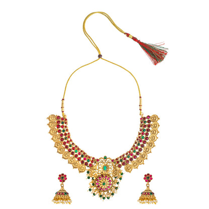 Shining Jewel by Shivansh Antique Matte Gold Plated Temple Laxmi Coin & Peacock Design with Multi Ruby Stones for Jewellery Set for Women SJN_329