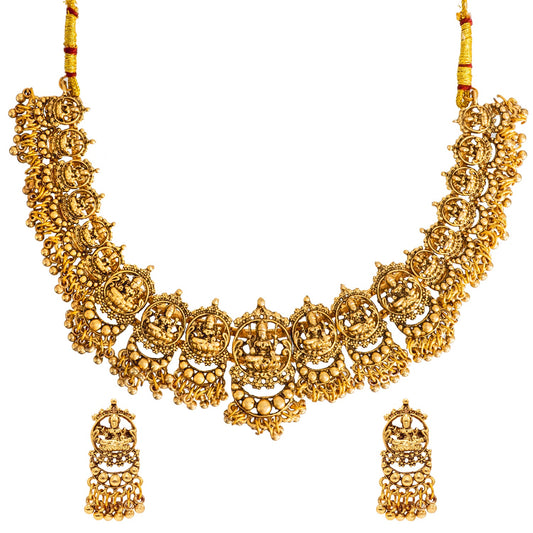 Shining Jewel Antique Matte Gold Plated Temple Laxmi Coin Jewellery Set with Pearl Drop Cluster for Women SJN_330