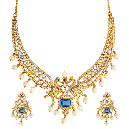 Shining Jewel Gold Plated Western CZ, Pearl & Crystal Choker Necklace with Peacock Blue Ruby Design & Matching Earrings for Women SJN_331_BL