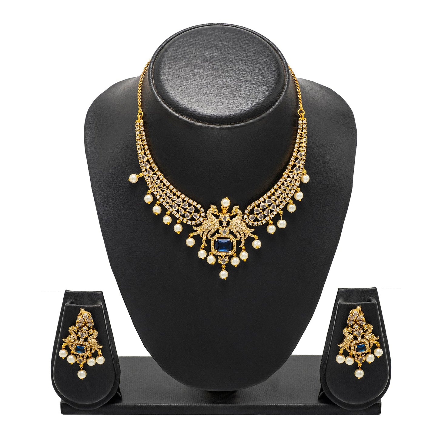 Shining Jewel Gold Plated Western CZ, Pearl & Crystal Choker Necklace with Peacock Blue Ruby Design & Matching Earrings for Women SJN_331_BL