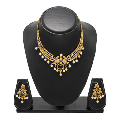 Shining Jewel Gold Plated Western CZ, Pearl & Crystal Choker Necklace with Peacock Blue Ruby Design & Matching Earrings for Women SJN_331_BL