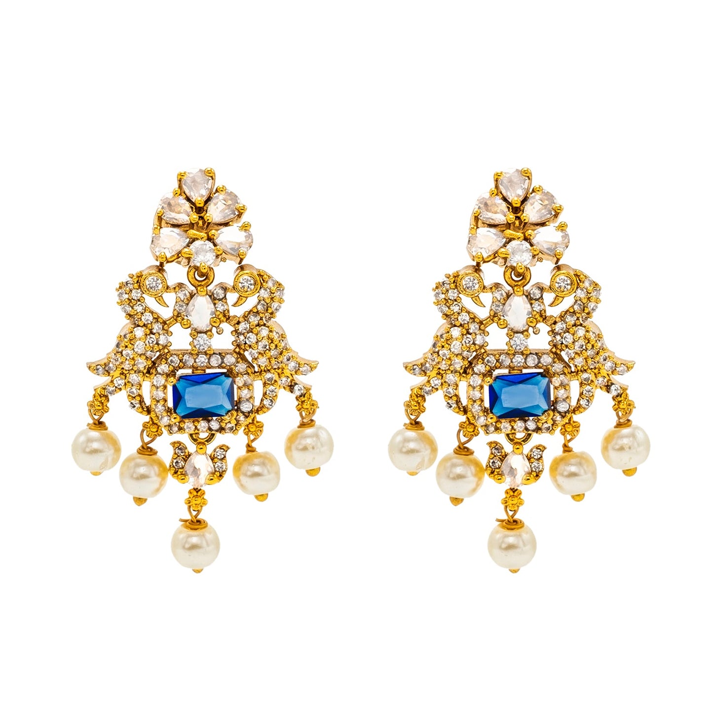 Shining Jewel Gold Plated Western CZ, Pearl & Crystal Choker Necklace with Peacock Blue Ruby Design & Matching Earrings for Women SJN_331_BL