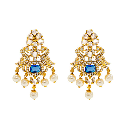 Shining Jewel Gold Plated Western CZ, Pearl & Crystal Choker Necklace with Peacock Blue Ruby Design & Matching Earrings for Women SJN_331_BL
