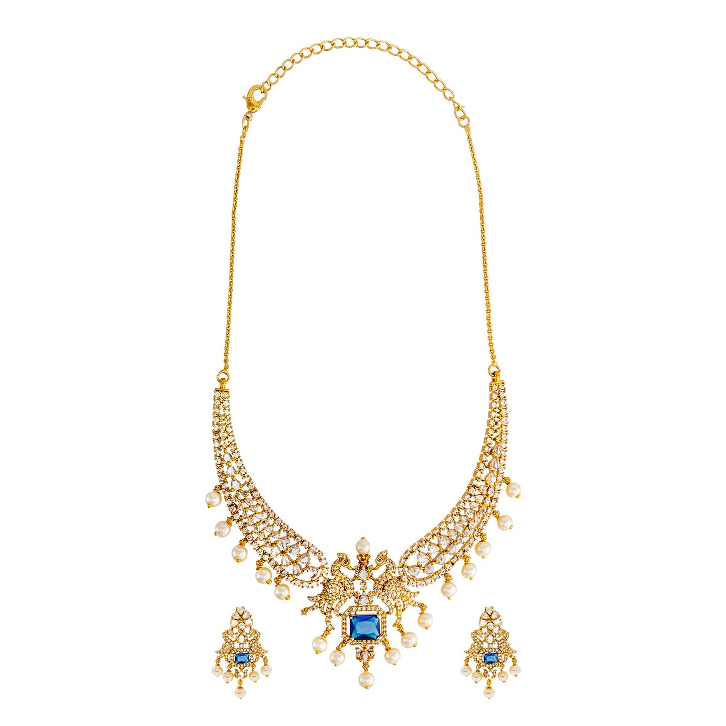 Shining Jewel Gold Plated Western CZ, Pearl & Crystal Choker Necklace with Peacock Blue Ruby Design & Matching Earrings for Women SJN_331_BL