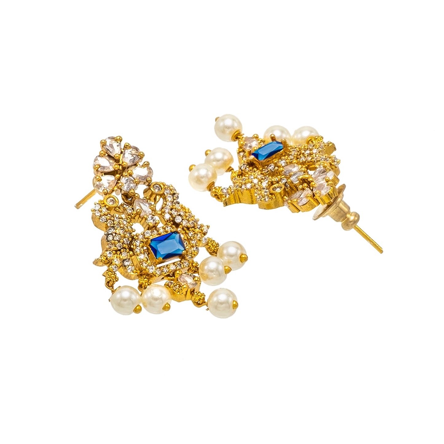 Shining Jewel Gold Plated Western CZ, Pearl & Crystal Choker Necklace with Peacock Blue Ruby Design & Matching Earrings for Women SJN_331_BL