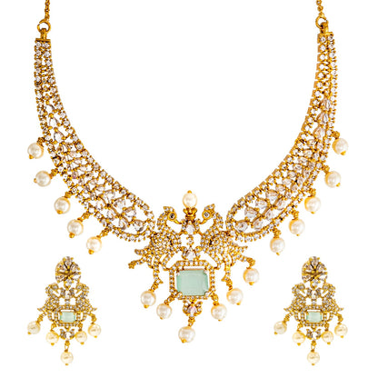 Shining Jewel Gold Plated Western CZ, Pearl & Crystal Choker Necklace with Peacock Light Green Ruby Design & Matching Earrings for Women SJN_331_LG