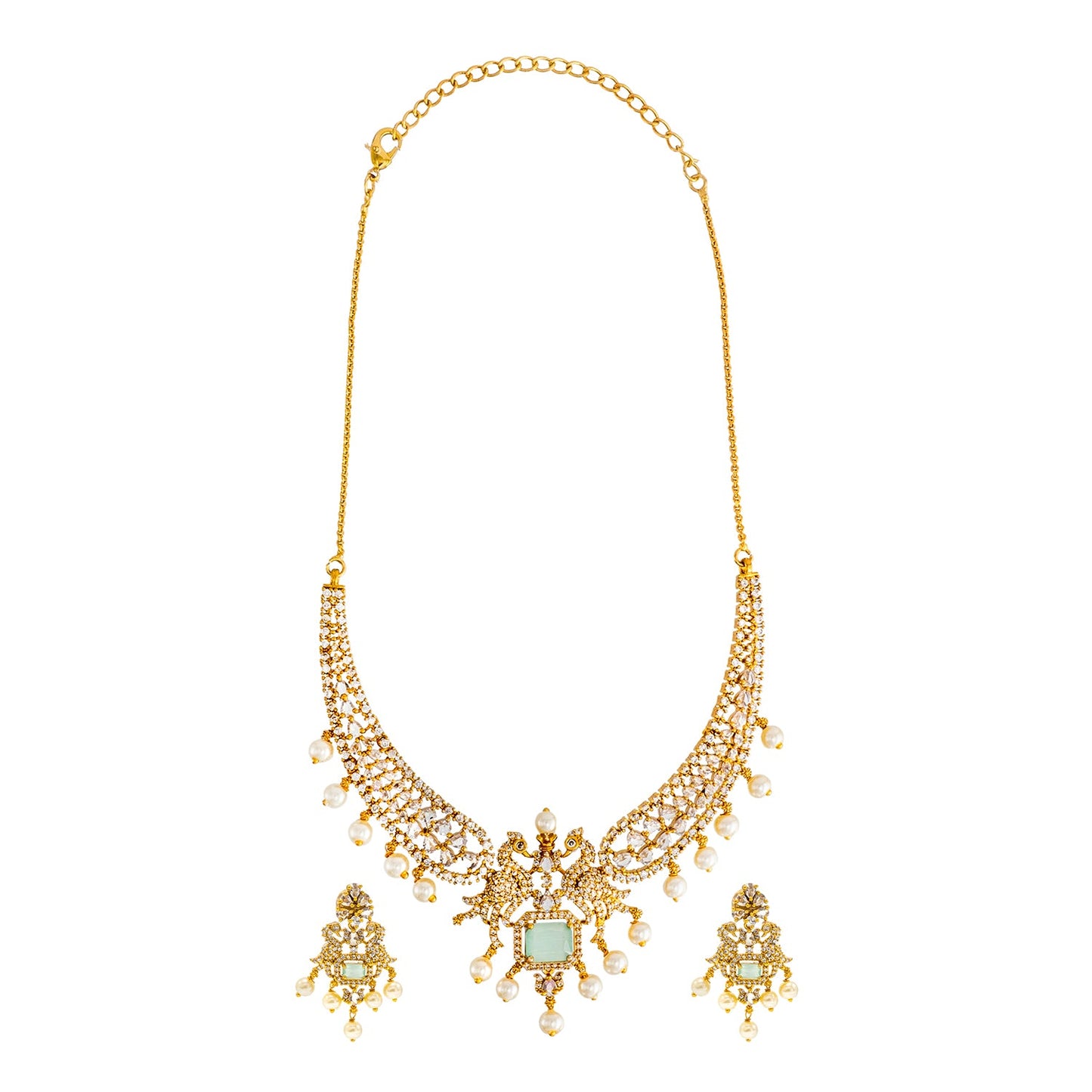 Shining Jewel Gold Plated Western CZ, Pearl & Crystal Choker Necklace with Peacock Light Green Ruby Design & Matching Earrings for Women SJN_331_LG